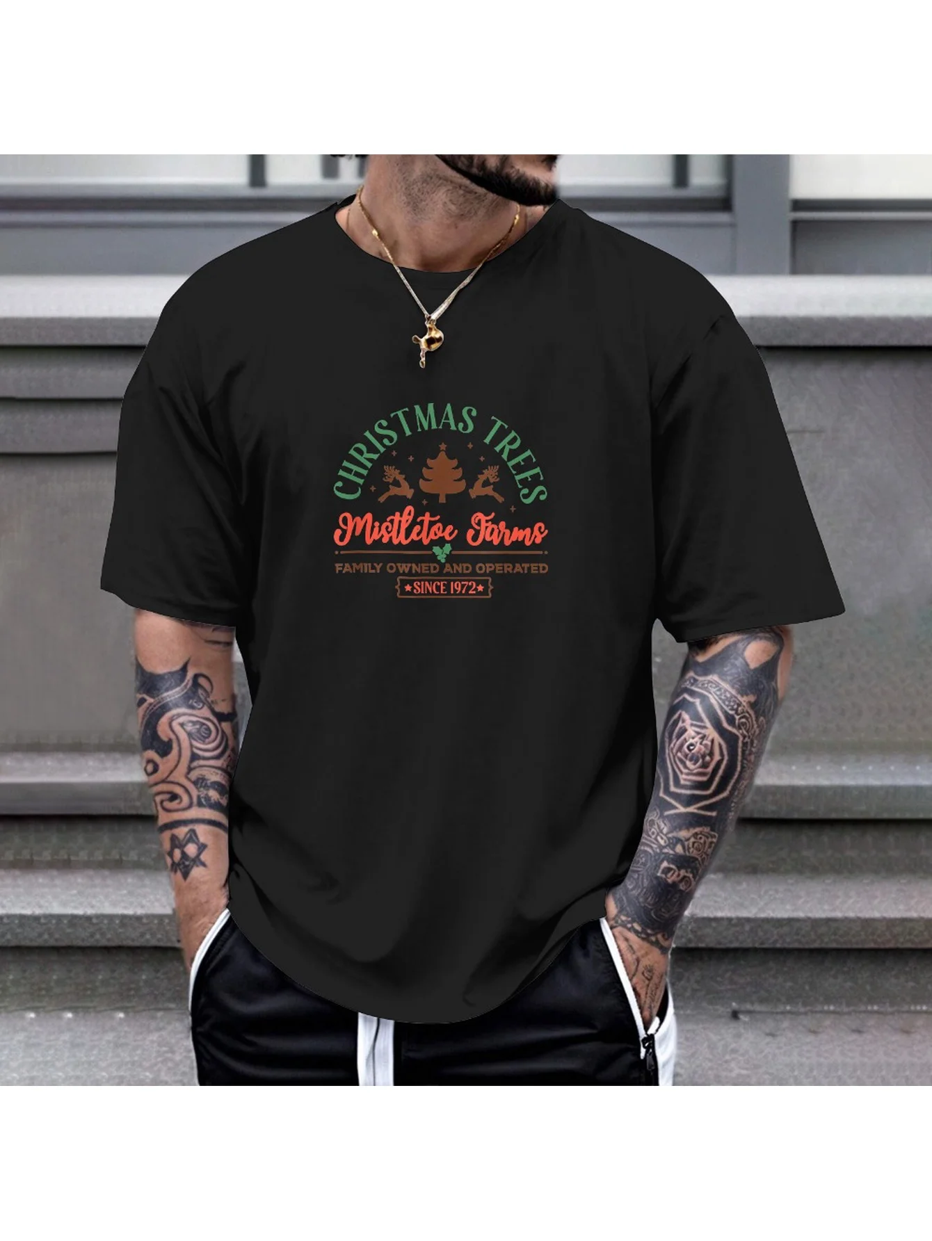 

Christmas Tree Mistletoe Farms T-Shirt - 180gsm Cotton, Vintage 1776, Unisex Holiday Tee