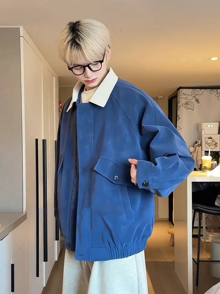 

Klein Blue Contrast Color Collar Workwear Jaet Men's Spring American Splicing Baseball orm Tee-Proof PU Leather Coat