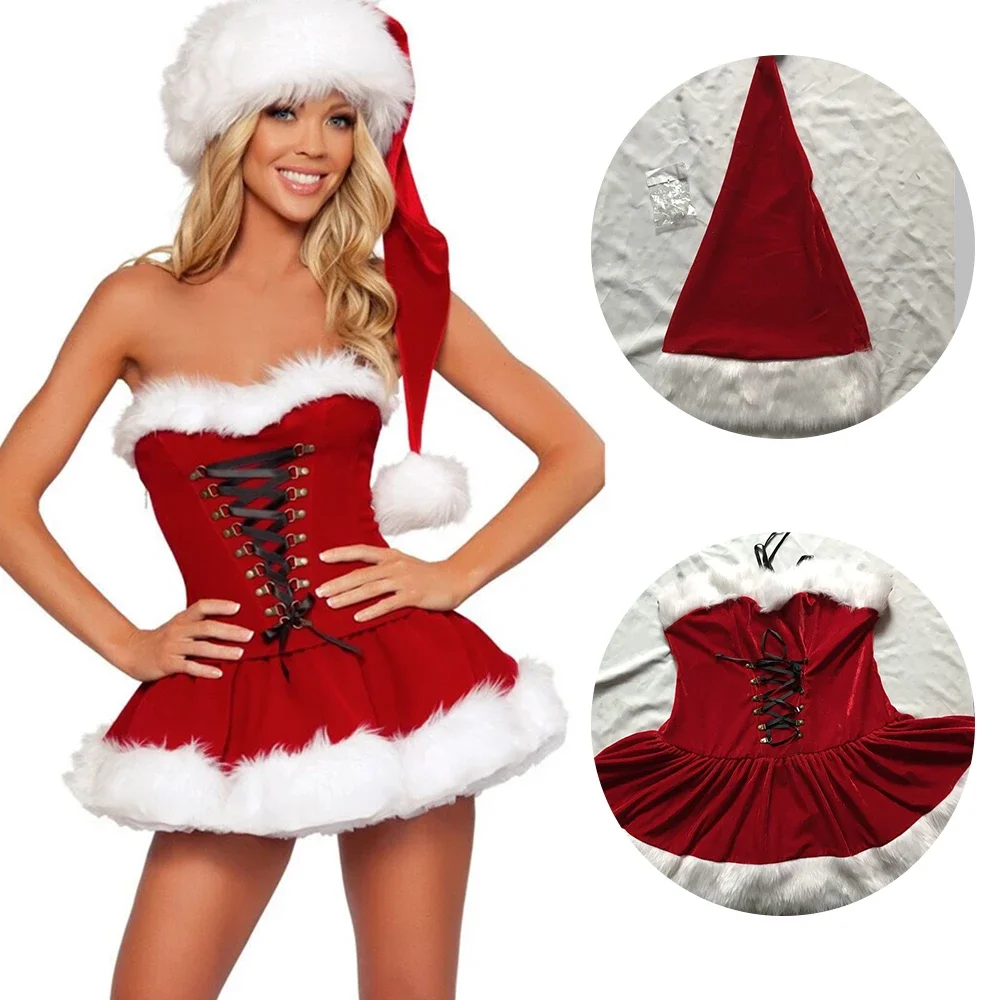 

Adult Female Christmas Costume Dress Sexy Women Santa Claus Costumes Mini Dress+hat Celebrate Party Elegant Santa Cosplay Suits