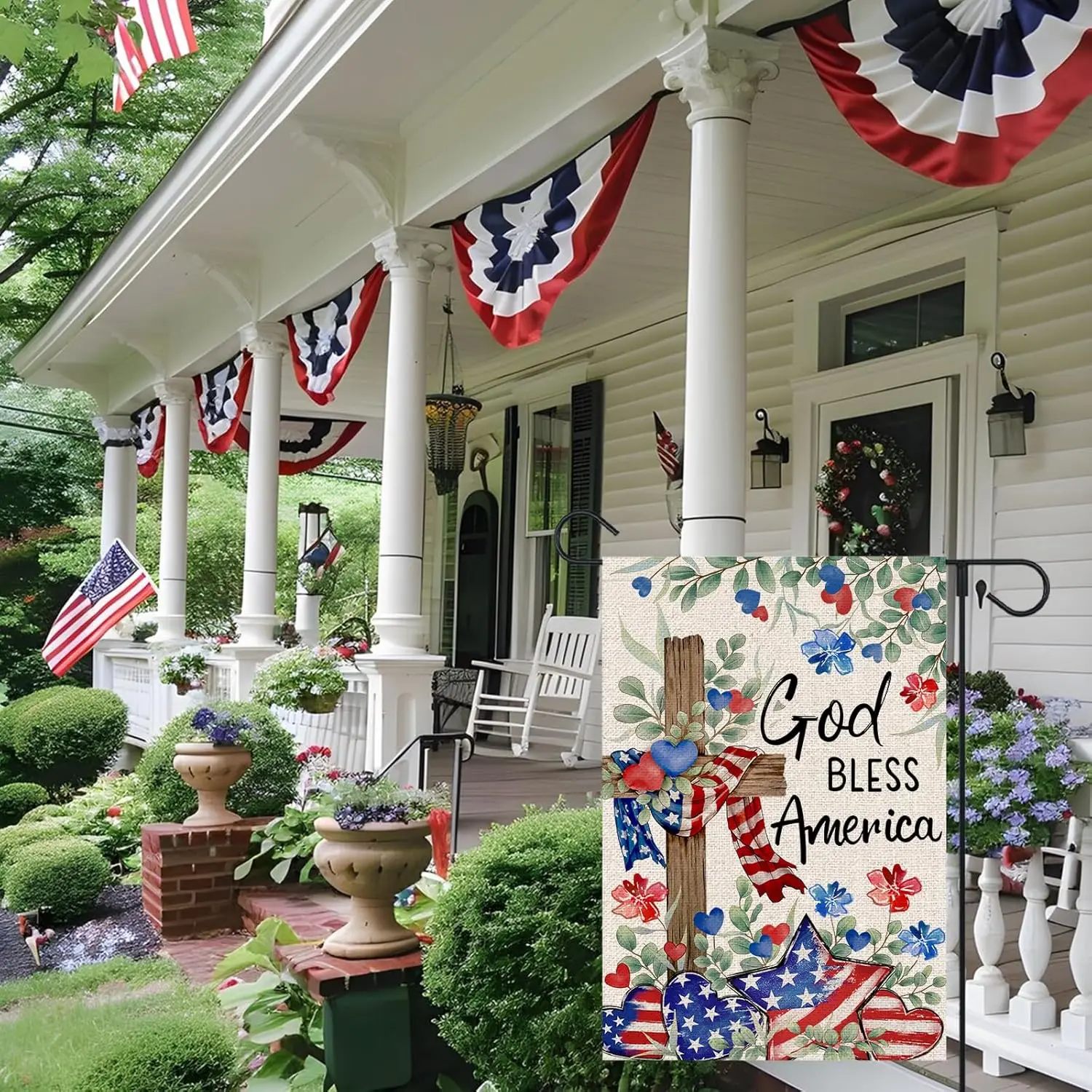 Memorial Day 4th of July Garden Flag 12x18 Inch Double Sided Outside Burlap Patriotic Stars Hearts Flowers Cross God Bless A jjp