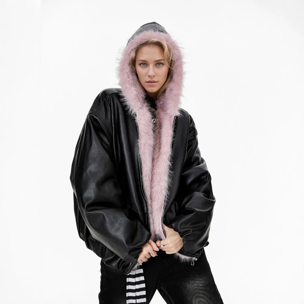 Pink Plush Leather Jacket Women's Winter Design Sense Windproof Hoodie Texture Unique Fashion Simple Casual Daily Premium