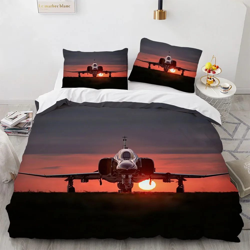 

Fighter Plane King Queen Duvet Cover Military Aircraft Theme Bedding Set Kids Boys Men Sunset Airplane Polyester Comforter Cover