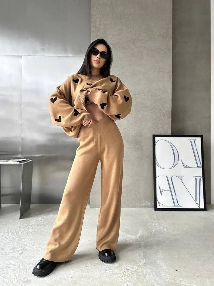 Maglione e pantaloni lavorati a maglia autunno e inverno da donna Abito a due pezzi Abbigliamento per la casa Maglione ampio oversize a maniche