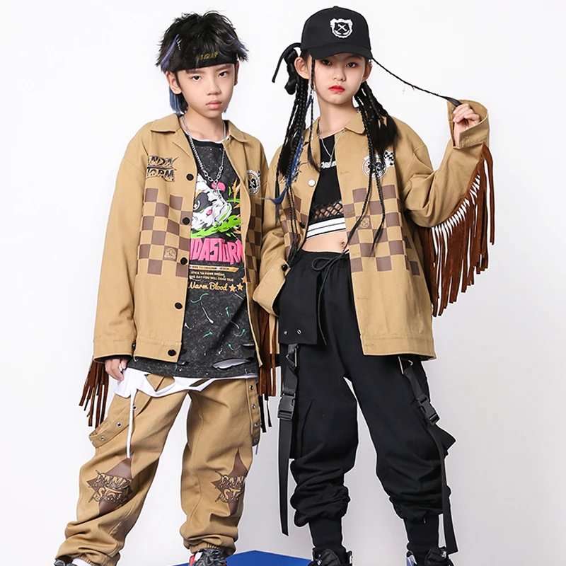 

Khaki Tassel Sleeve Hiphop Outfits For Kids Children'S Hip Hop Dance Costumes Jazz Dance Drum Performance Stage Wear DN13813