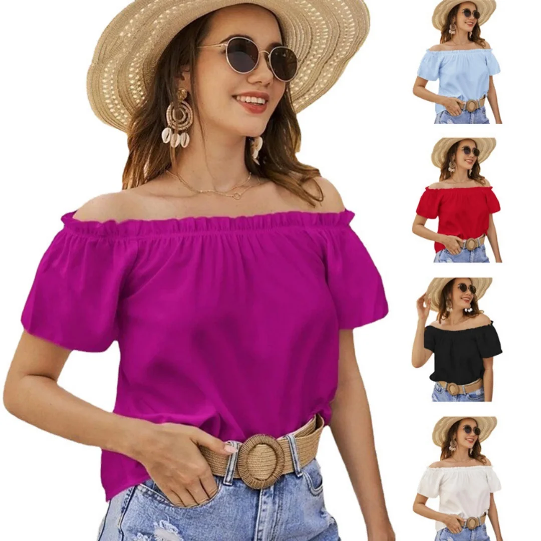 Summer Off Shoulder Blouse For Women Ruffle Trim Short Sleeve Casual Vacation Top Cute Beach Tee