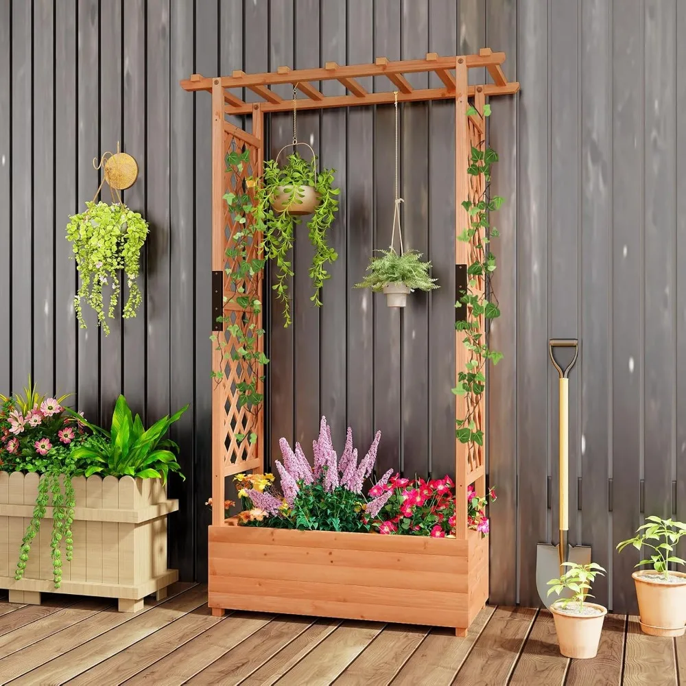 

Set of 2 Raised Garden Bed with 2-Sided Trellis & Hanging Roof, Fir Wood Planter Box w/Drainage Holes, 43.5" x 17.5" x 72"