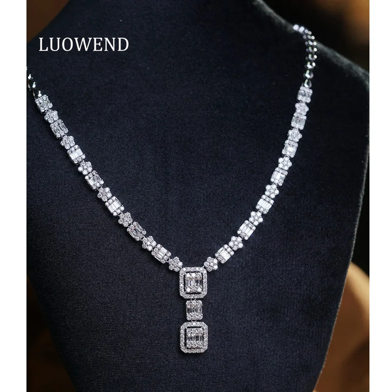 LUOWEND 100% 18K White Gold Necklace Luxury Design 3.50carat Real Natural Diamond Necklace for Women Wedding Party Fine Jewelry