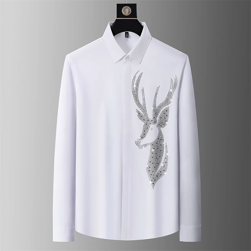 High-End Stretchy Silky Shirts For Men Long Sleeve Casual Trendy Summer Ice Quality Seamless Hotfit Rhinestone Camisas De Hombre