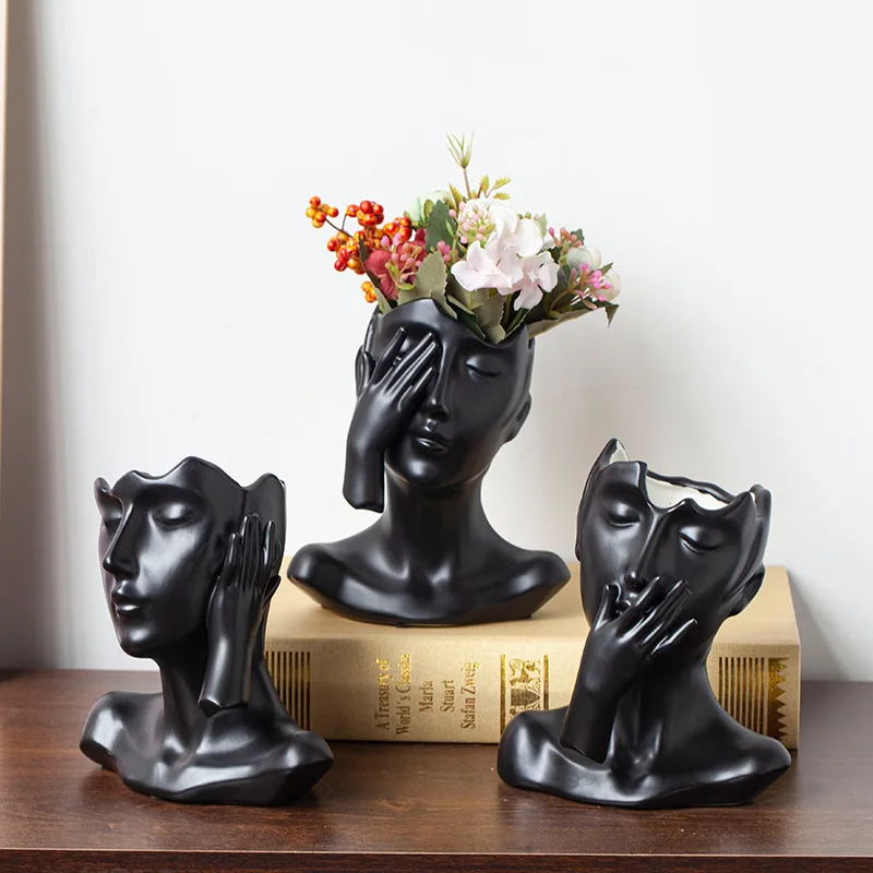 Abstract Half Body Face Ceramic Flower Vase Modern Sculpture Floral Container Household Tabletop Decor For Cross Border