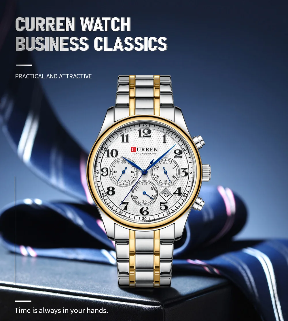 CURREN Modische Sport-Chronograph-Herrenuhr mit Edelstahlarmband, Automatisches Datum, Lässige Quarz-Armbanduhr, Relogio Masculino – Detail 1