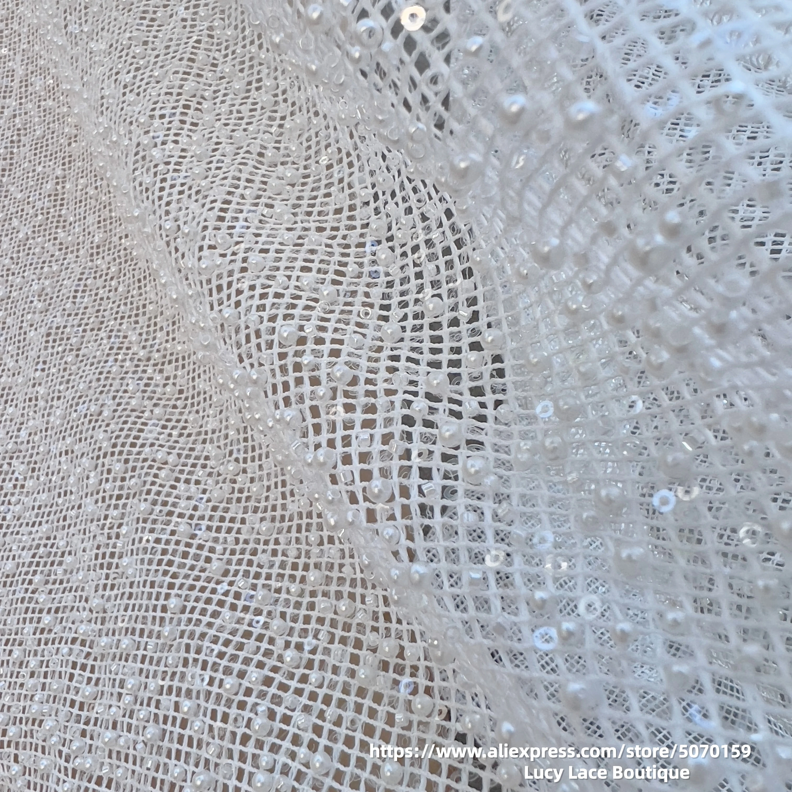 130CM Wide Checkered Pearls Beads Sequins Lace Beaded Heavy Lace Fabric for Wedding Dress High Quality Designer Lace Sewing DIY