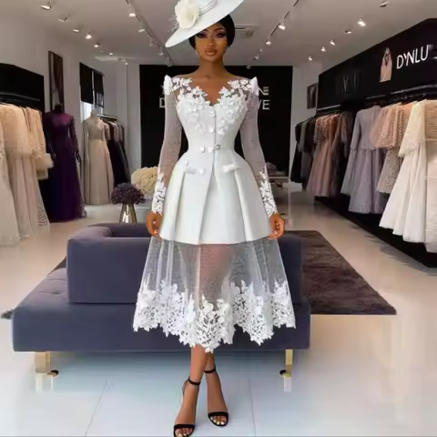 Elegant White Lace A Line Evening Gowns Lace Appliques Sheer Long Sleeves See Through Prom Dress Women Formal Party Dress