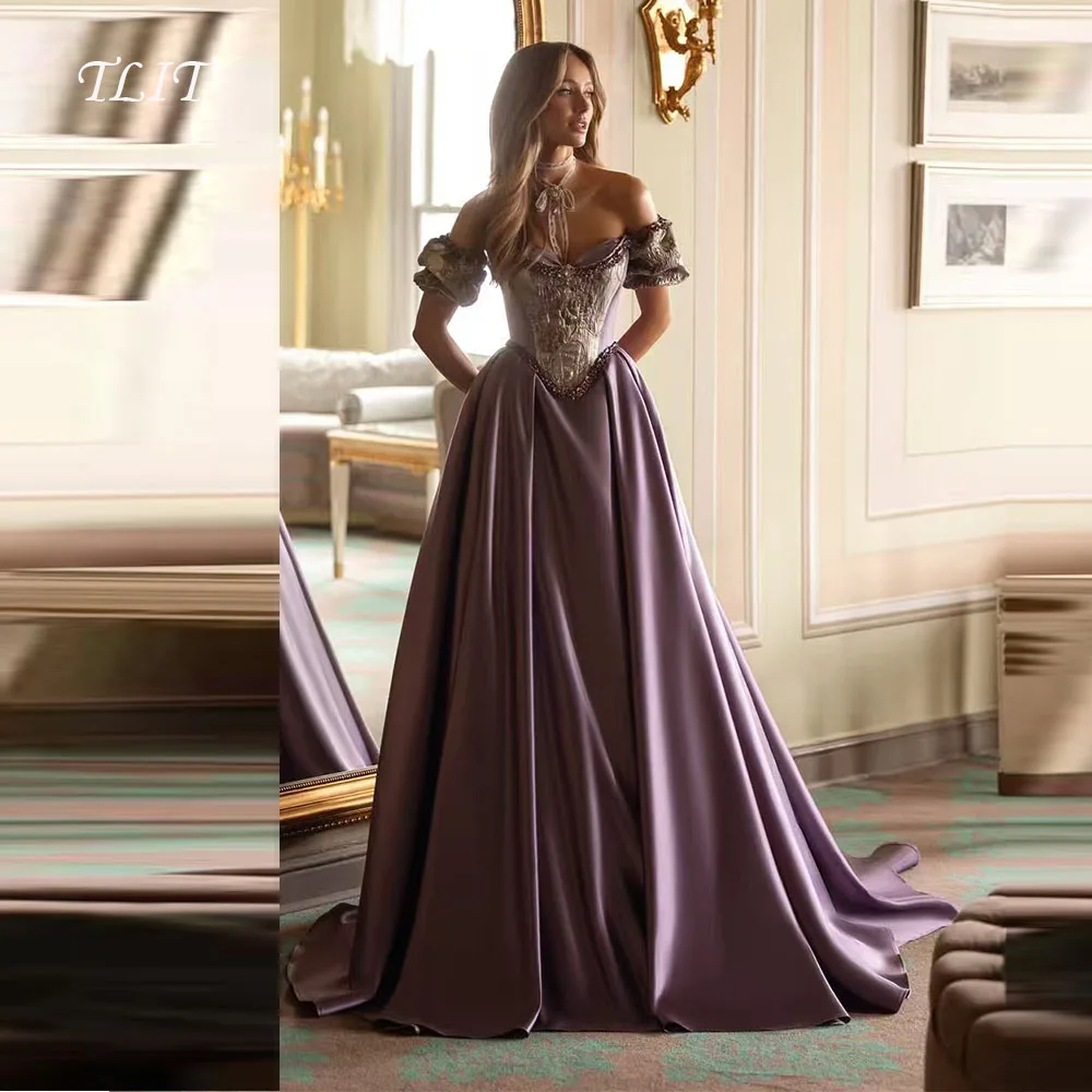 

TLIT Luxury Purple Long A-Line Evening Dress Saudi Arabic Women Formal Party Gown Appliques Crystal Strapless Customized Dress