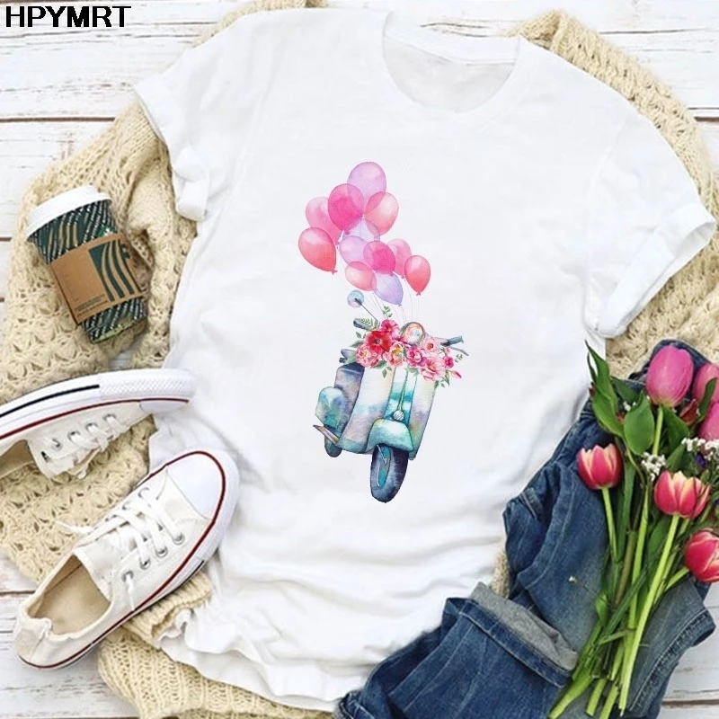 Camiseta de manga corta con estampado de bicicleta de flores para