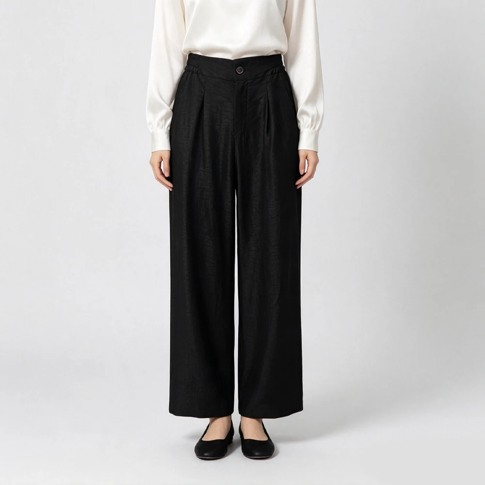 2026 Women's Fashion Clothing Classic 100% Natural Mulberry Silk Gambiered Guangdong Gauze Crackle Pattern Black Wide Leg Pants
