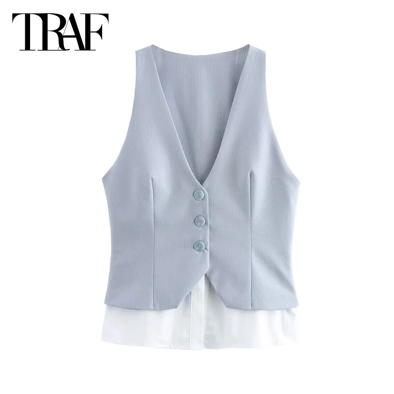 

TRAF Striped Short Vest Tops 2025 Women's Spring Elegant Sleveless Cropped Tank Tops Fashion Casual Office Patchwork Waistcoat
