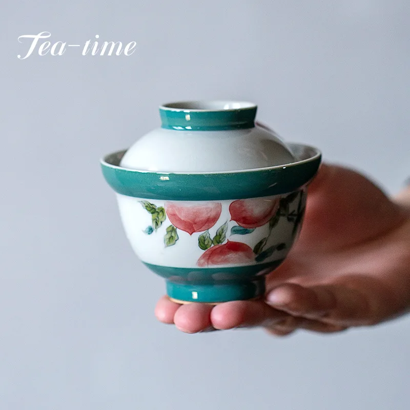 

130ml Hand-painted Longevity Peach Tea Tureen Turquoise Green Ingot Ceramic Cover Bowl Tea Maker Gaiwan Kung Fu Tea Set Gift Box