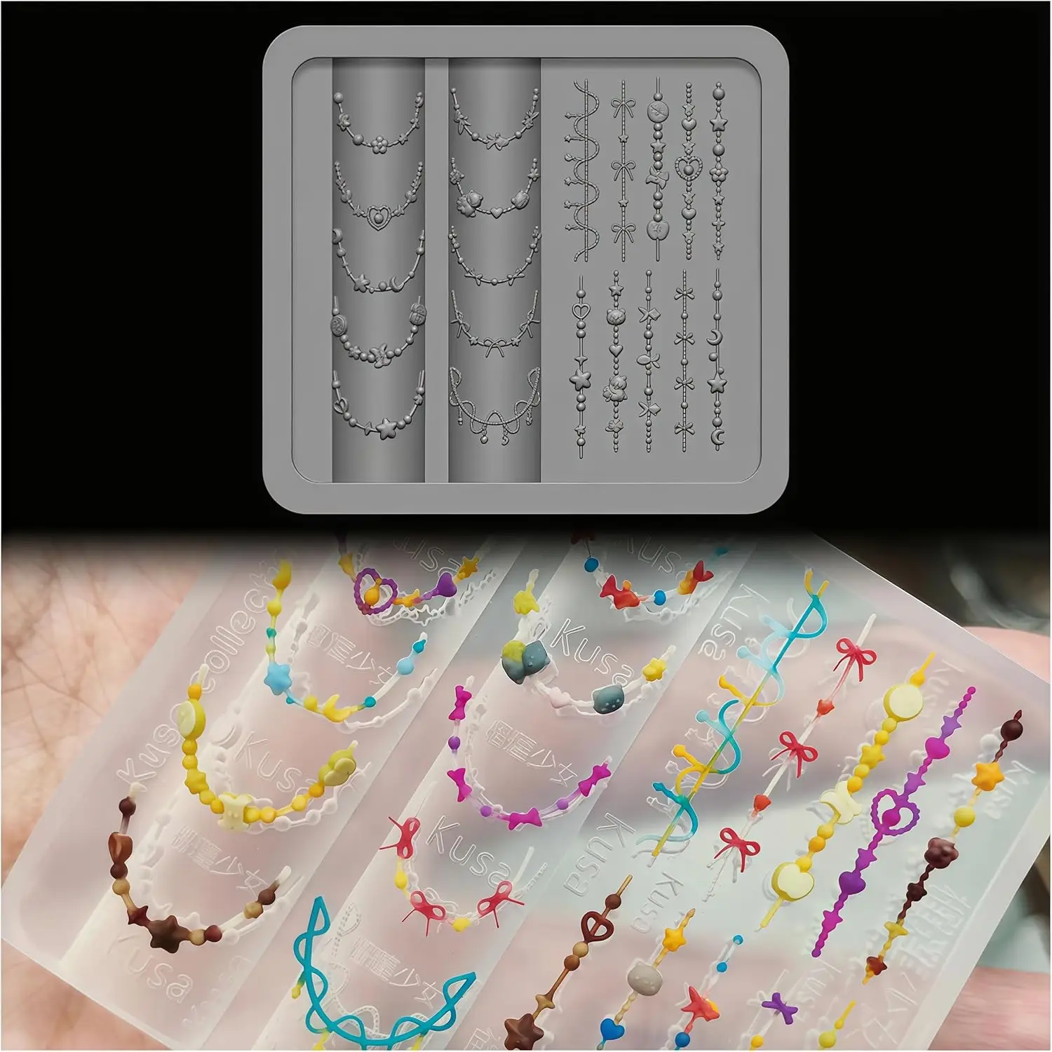 Collana di perline 3D Stampo per nail art in gel Stampi per catene in resina per accessori Forniture Strumenti per perline in silicone Stile unghie carino