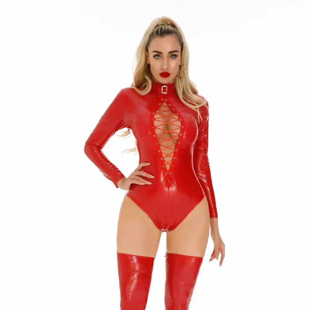 

Women Sexy Hollow Out Faux Leather Latex PU Hight Cut Bodysuit Open Crotch Dance Club Leotard Oil Shiny Cosplay Tight Costumes