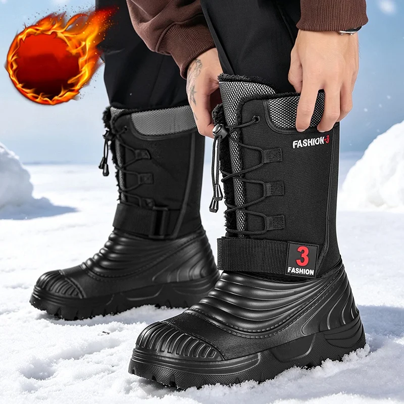 Bottes de neige montantes pour hommes, idéales pour l’automne et l’hiver, avec renfort par cordon de serrage, doublure en polaire et intérieur épais, semelle épaisse, antidérapantes, imperméables, bottes en coton de gr
