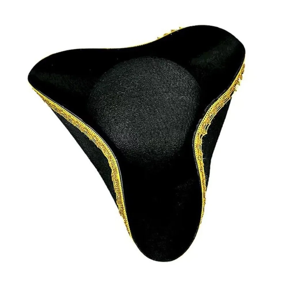 Vintage Lace Trim Pirate Hat Feather Black Tricorn Hat Gold Brown Pirate Costume Hat Theme Party