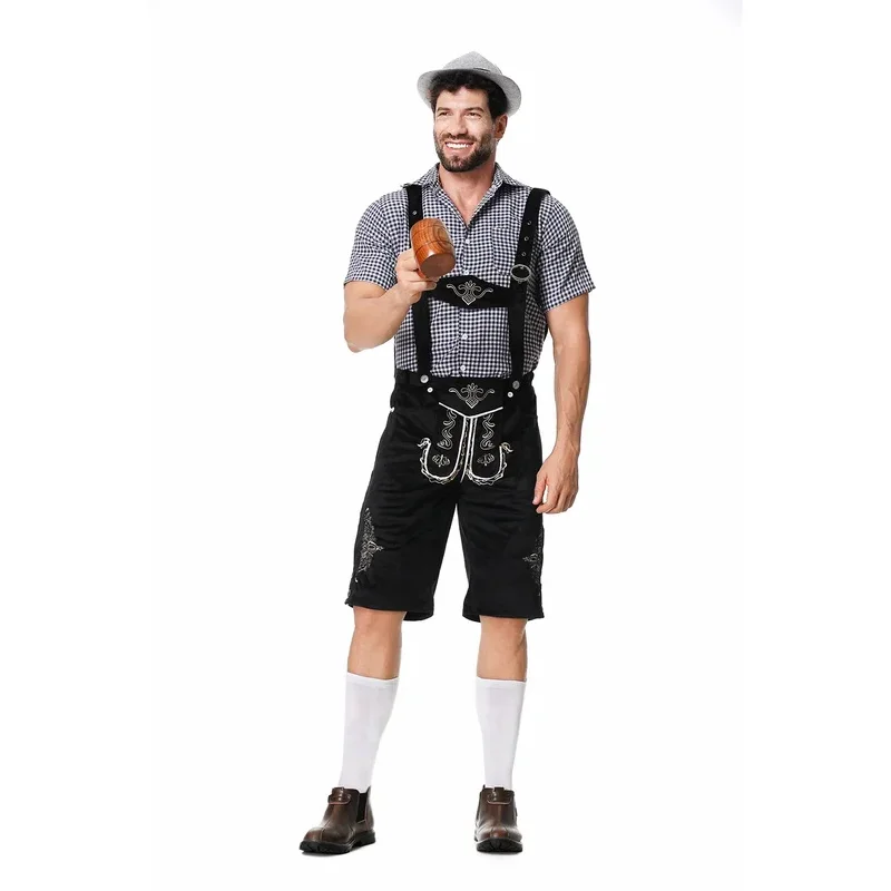 

2025 22 Male German Oktoberfest Lederhosen Costume Short Sleeve Suspenders Rompers Shirt Hat Bavarian Beer Festival Men Cosplay