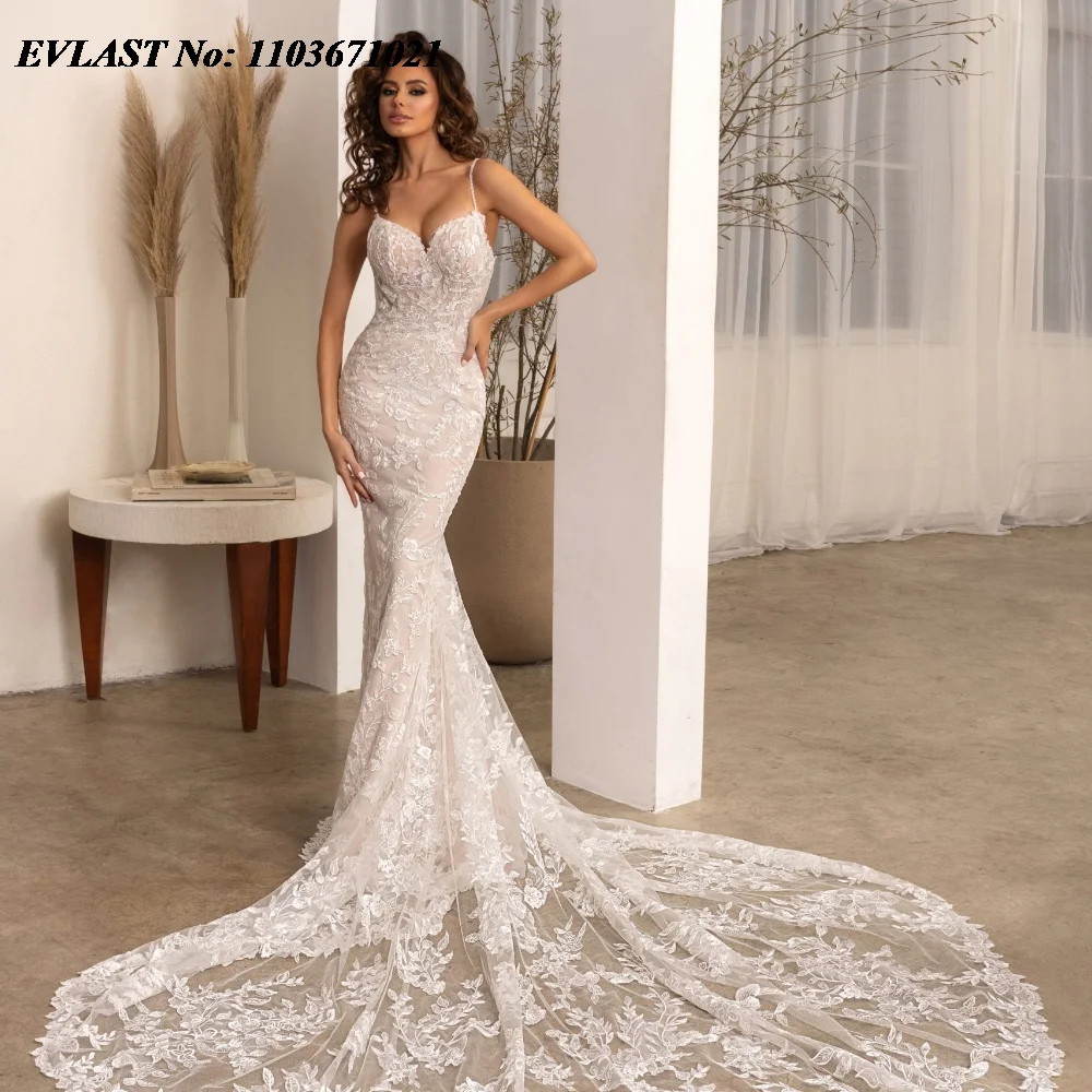 

EVLAST Customized Mermaid Lace Floral Wedding Dress Applique Crystal Beaded Vestido De Novia Bridal Gown Robe De Mariee MD11