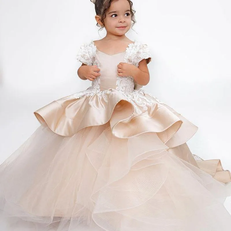 

Champagne Satin Tulle Tiered Flower Girl Dress for Wedding Cap Sleeves Bow Lace Up Kids Formal Wear Party First Communion Gowns