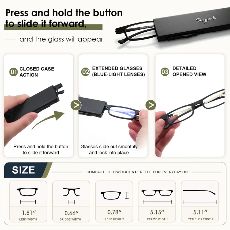 SKYOAK 2 Pack Ultra Thin Lightweight Folding Reading Glasses Women Men, TR90 Blue Light Blocking Readers with Slim Flat Case Set
