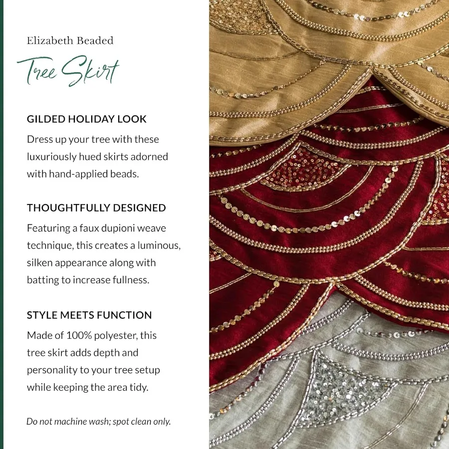 Elizabeth Beaded Christmas Tree Skirt - Cranberry Silver Gold Luxury Tree Skirts with Hand-Applied Beads for Tree Decor Gold 60