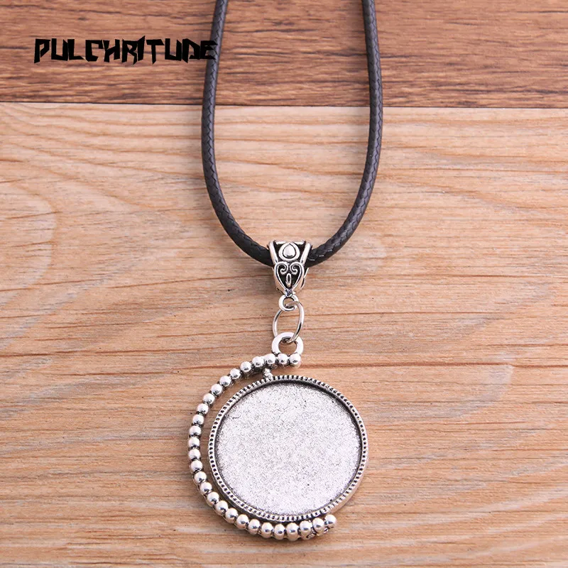 2pcs Zinc Alloy Two Color 25mm Round Style Double Sided Rotate Cabochon Base Setting With Leather Cord For Jewelry Making