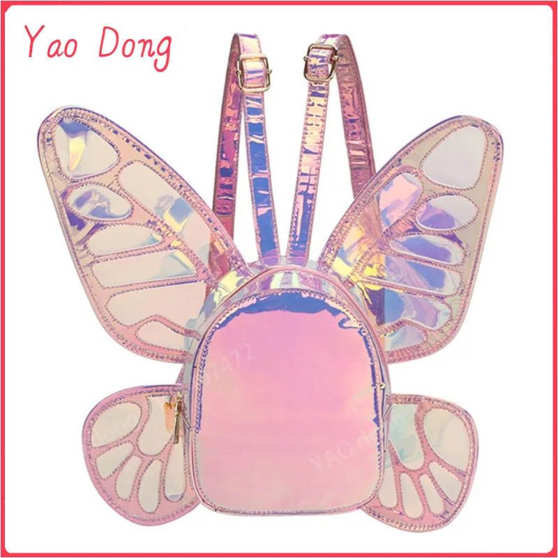 Yao Dong Fashion Women's Laser Mini Backpack Butterfly Angel Wings Daypack for Girls Travel Casual Daypack School Bag Holographi