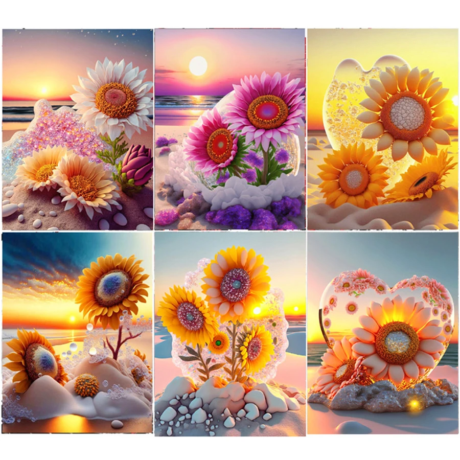 Diamond Mosaic 5D Sunflower Painting Flower DIY Cross Stitch Embroidery Seaside Handicraft Sunset Decoration For Home