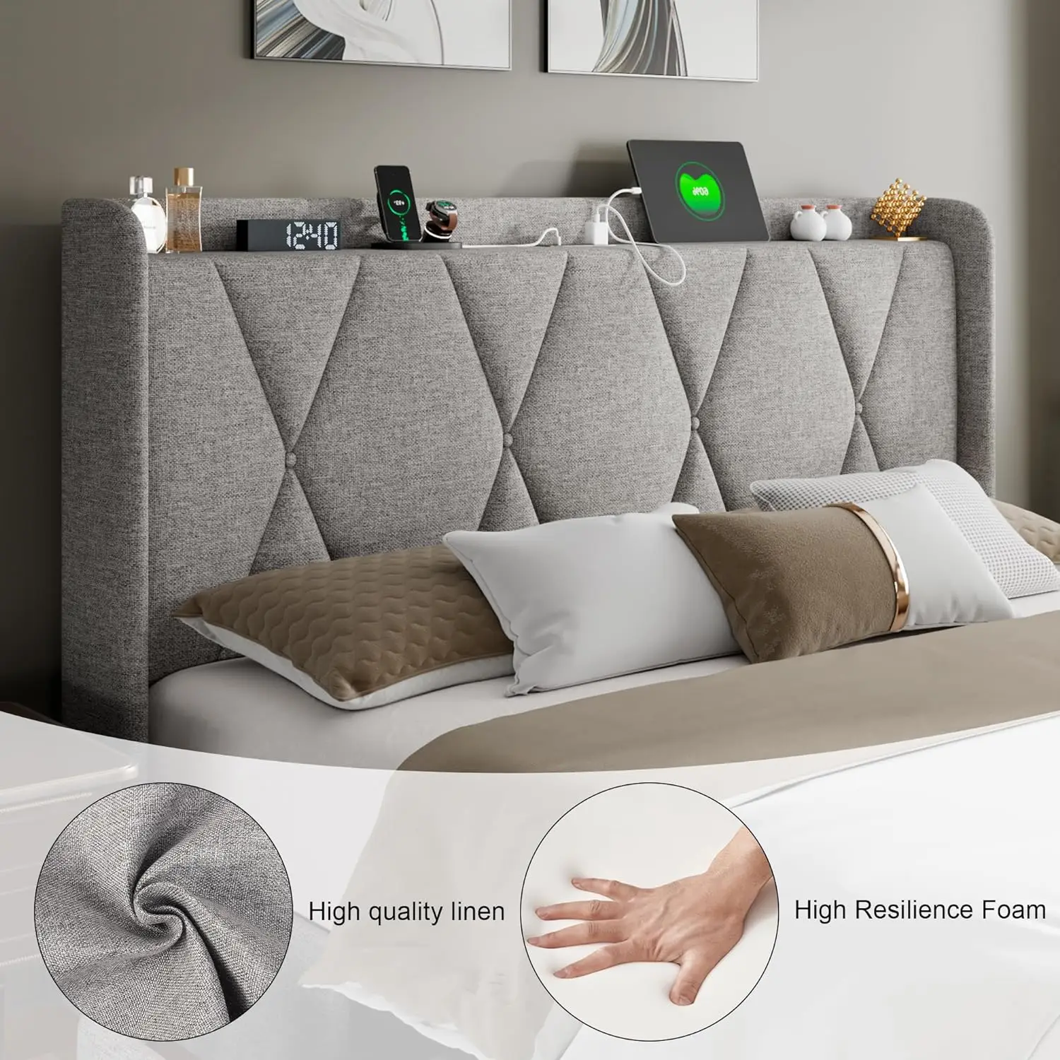 Bed Frame with Storage Drawers,Upholstered Button Tufted Headboard,Heavy Duty Slats Support, No Box Spring Needed, Noise-Free