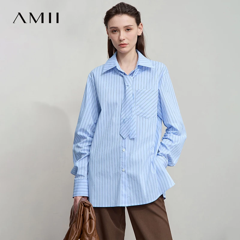 AMII 2025 Autumn Shirts Office Lady Long Sleeve Blue White Stripes Blouse Mid-length Loose Lapel Tops Women Clothing 12553021