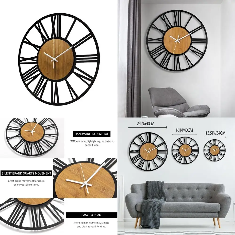 

Vintage 24 Round Silent Wall Clock, Black Metal & Modern Wood, Roman Numerals, Decor for Home, Office, Cafe