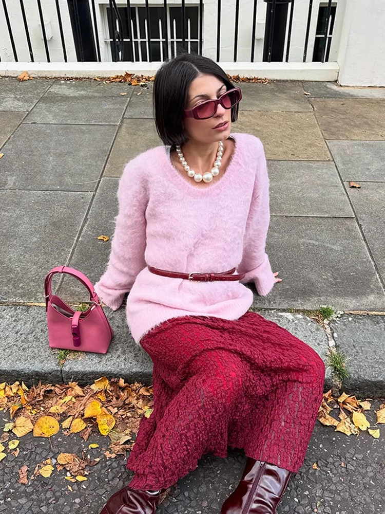 

Sweet Pink Brushed Knitted Pullover Women Casual V-neck Full Sleeve Loose Furry Sweater 2025 Lady High Street Elegant Sweaters