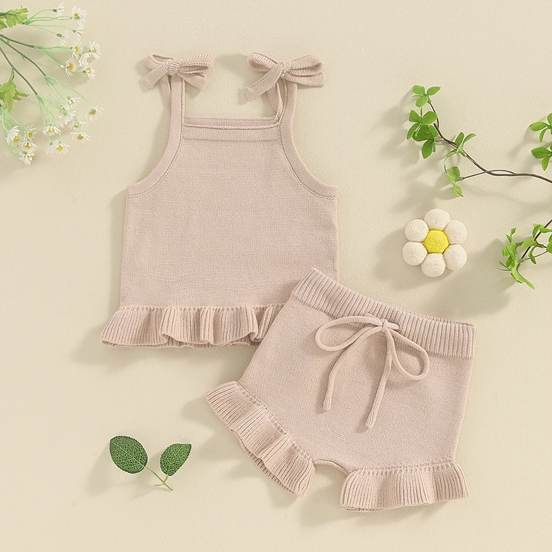 Newborn Infant Baby Girls Knit Shorts Outfits Clothing Set Solid Color Sleeveless Cami Tops with Elastic Waist Shorts 2Pcs Set