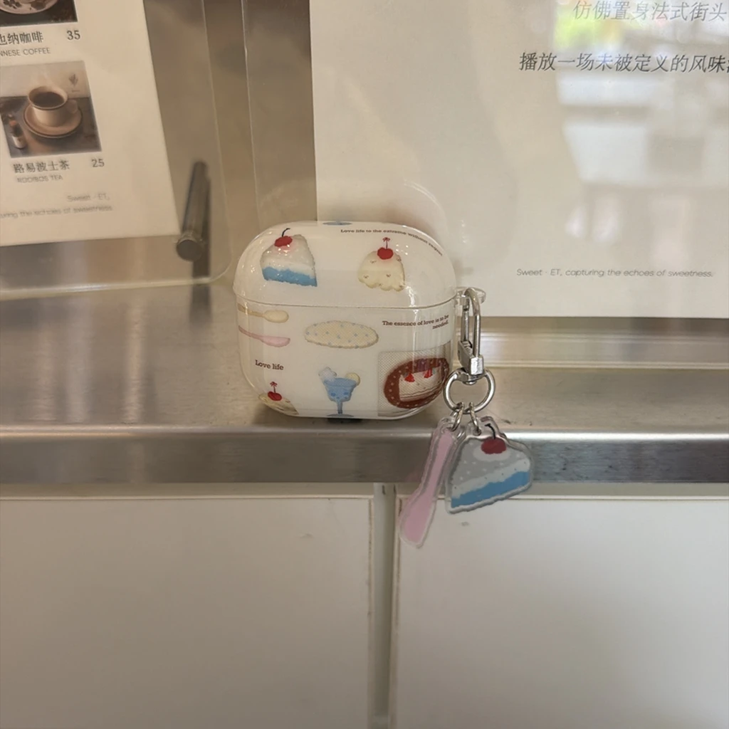 Gourmet Playful Style Cherry Ice Cream Cake Drink Pattern Glossy Surface Earphone Protect Cover Case AirPods 2 3 4 5 Pro2 Pro3