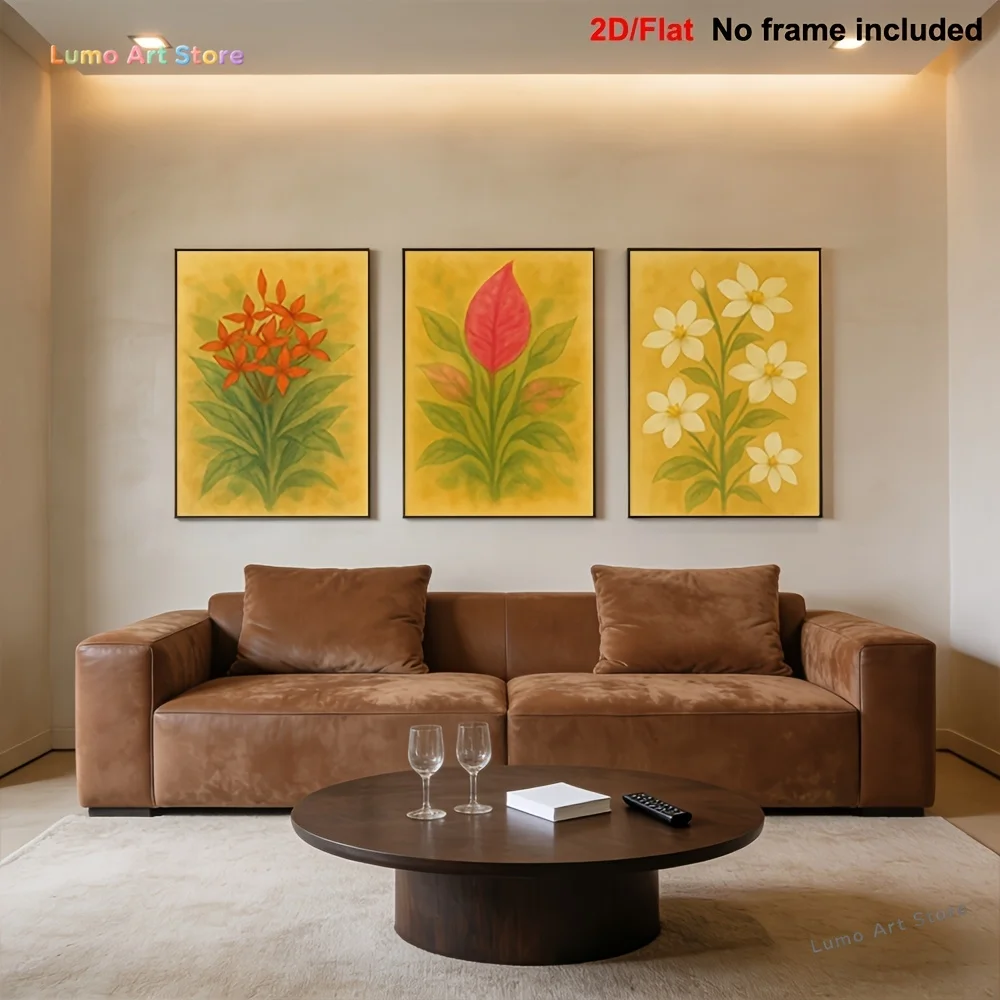 2D Flat, 3pcs Frameless Minimalist Modern Neutral Bohemian Mediterranean Vertical Canvas Wall Art - Neutral Floral Botanical