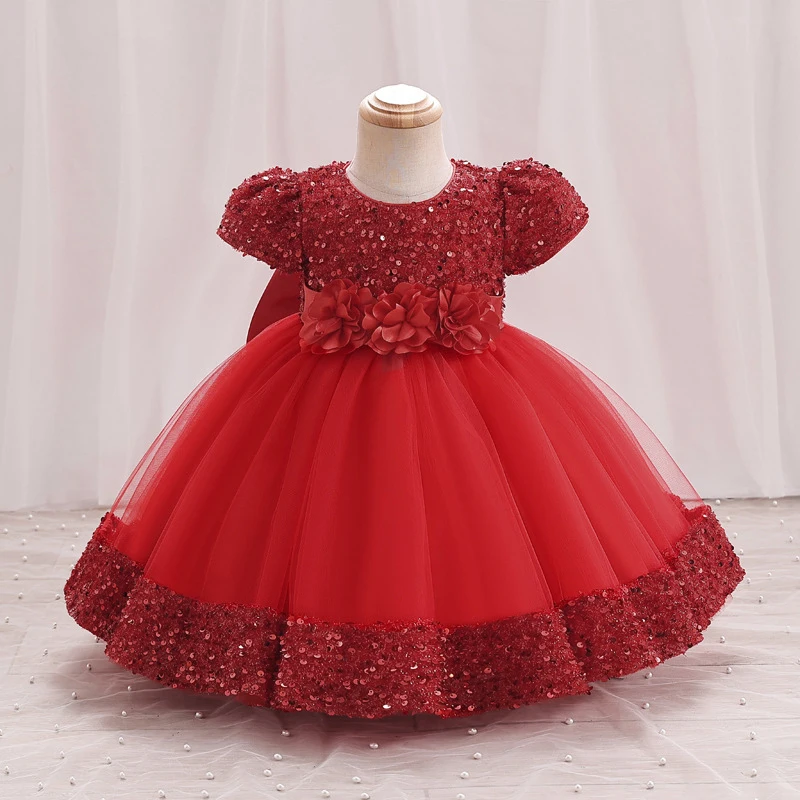 Bow Christmas Baby Girl Dresse Infant Sequin 1st Birthday Red Party Wedding Prom Kids Dresses For Girl Lace Flower Princess Gown