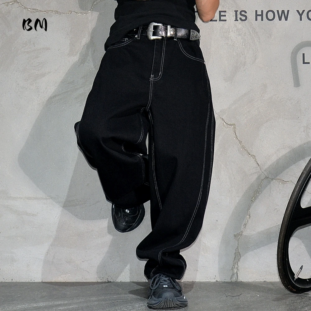 

Korean Streetwear Black Wide Baggy Jeans Men Hip Hop Straight Denim Pants Loose Trendy Stacked Long Trousers Urban Fashion 2025
