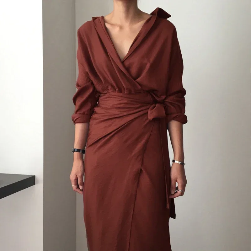 2024 Retro Mid-length Dress Vestidos Mujer Chic V Neck Wrap Dress Ladies Solid Color Long Sleeve Elegant Office Ladies Dress