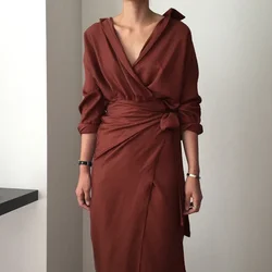 2024 Retro Mid-length Dress Vestidos Mujer Chic V Neck Wrap Dress Ladies Solid Color Long Sleeve Elegant Office Ladies Dress