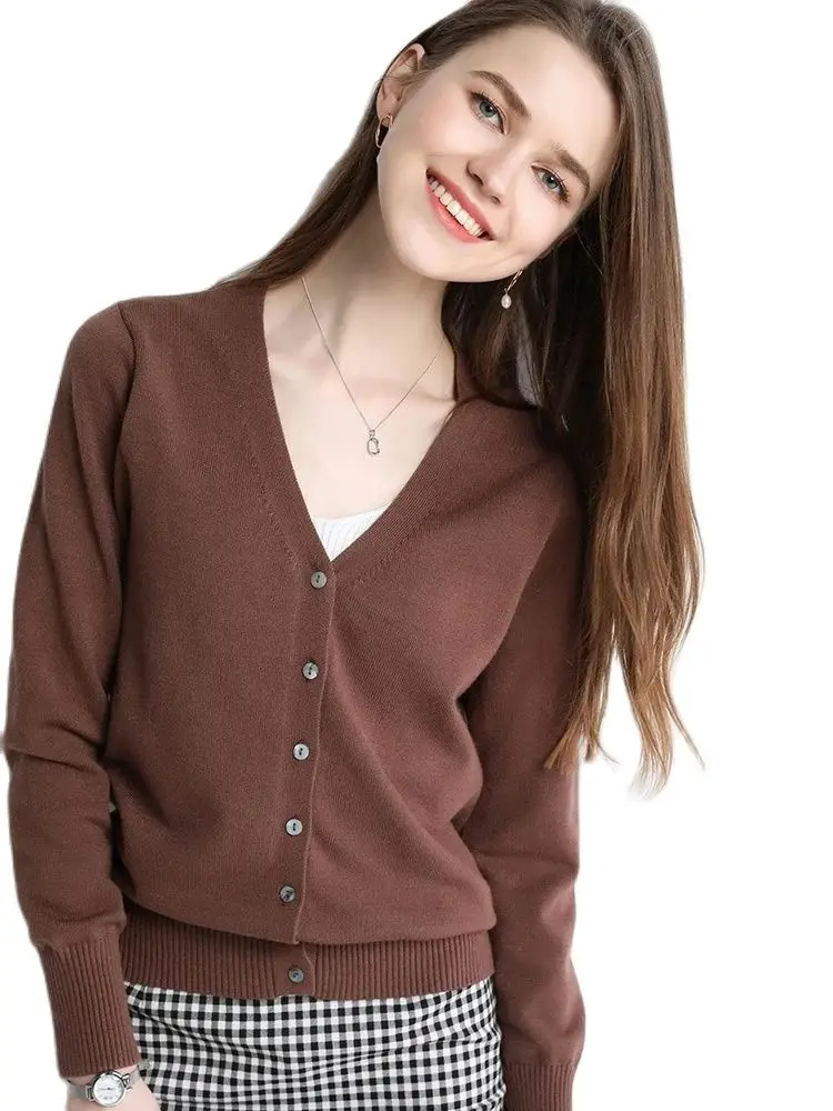 

2024 Spring Autumn V-neck Cashmere Cardigan Merino Wool Sweater Long Sleeve Women Knitwear Clothing Elegant Basic Fashion Tops