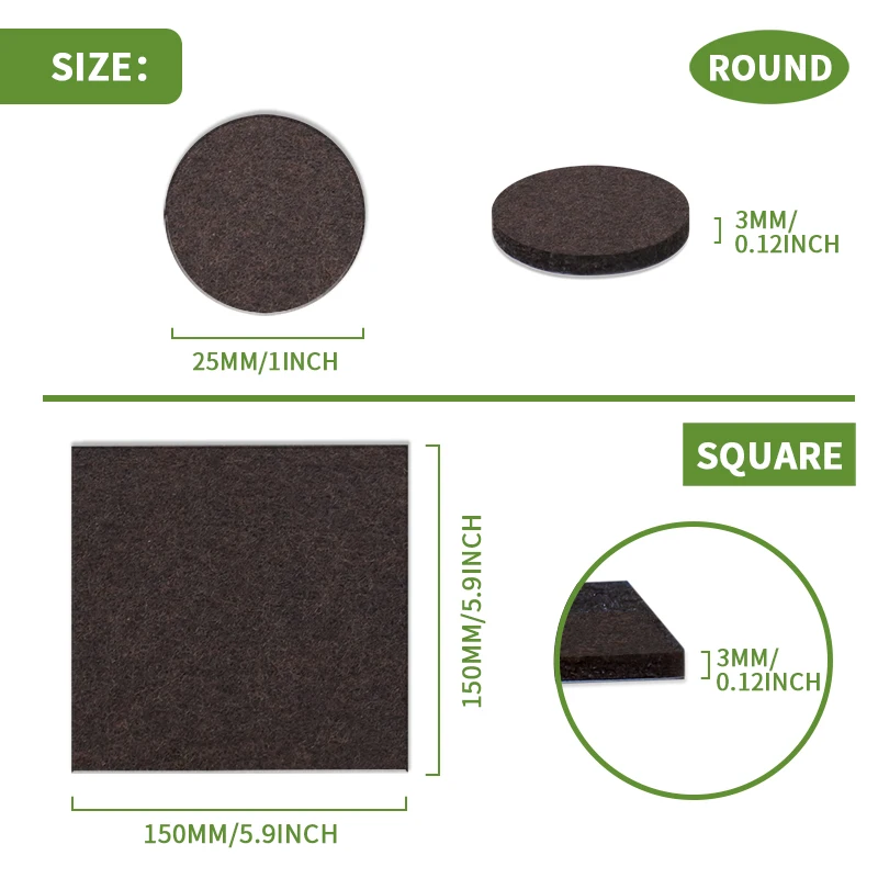 50 Pieces of Ordinary Brown Felt Pads and 2 Pieces of 15*15cm Furniture Felt Pad Set for Hardware and Wood Floor Protectors, Non-Slip Chair Leg