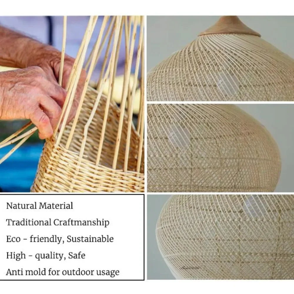 Vintage Rattan Pendelleuchte Gewebt Korbgeflecht Beige Kronleuchter Deckenhängelampe für Esszimmer Esstisch Wohnzimmer 60CM – Detail 8