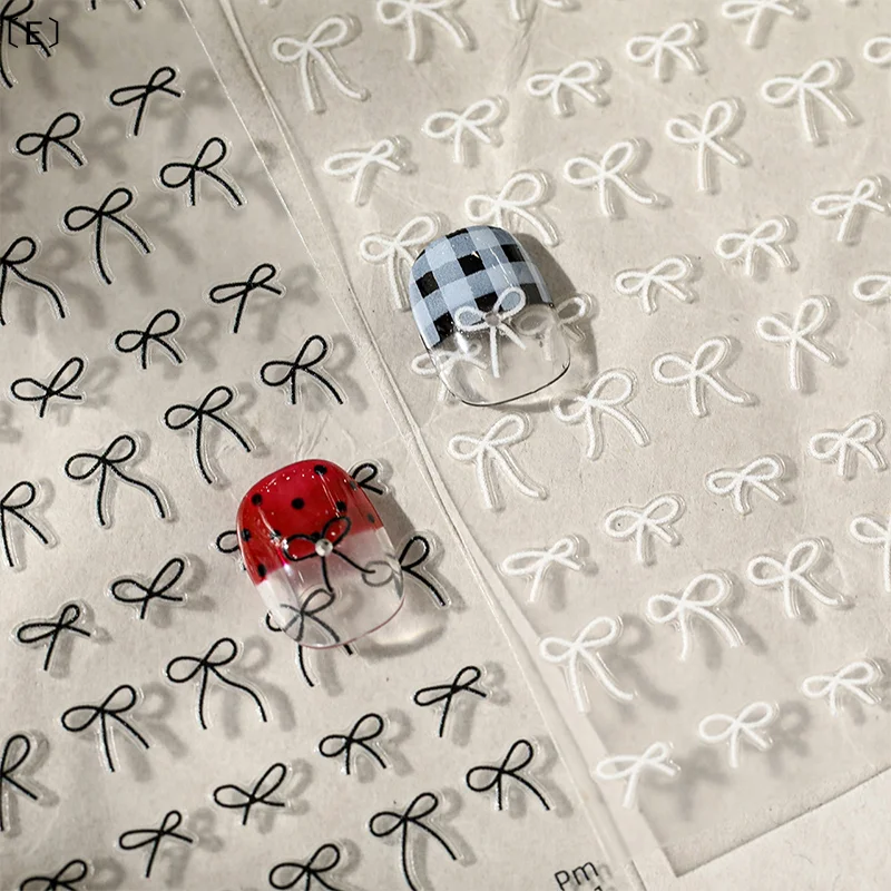 〔E〕5D Schwarz-weiße Schleife Mini-Schleifenknoten Strass Rot Selbstklebende Nagelkunst-Dekorationen Aufkleber Maniküre-Abziehbilder DIY
