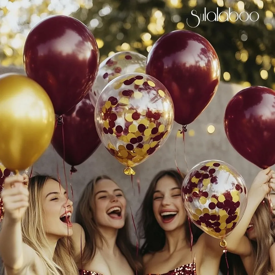 メタリックバーガンディとゴールドのバルーン12インチ73個ゴールドマルーンコンフェッティラテックスバルーン光沢のあるヘリウムバルーンセット誕生日パーティー用
