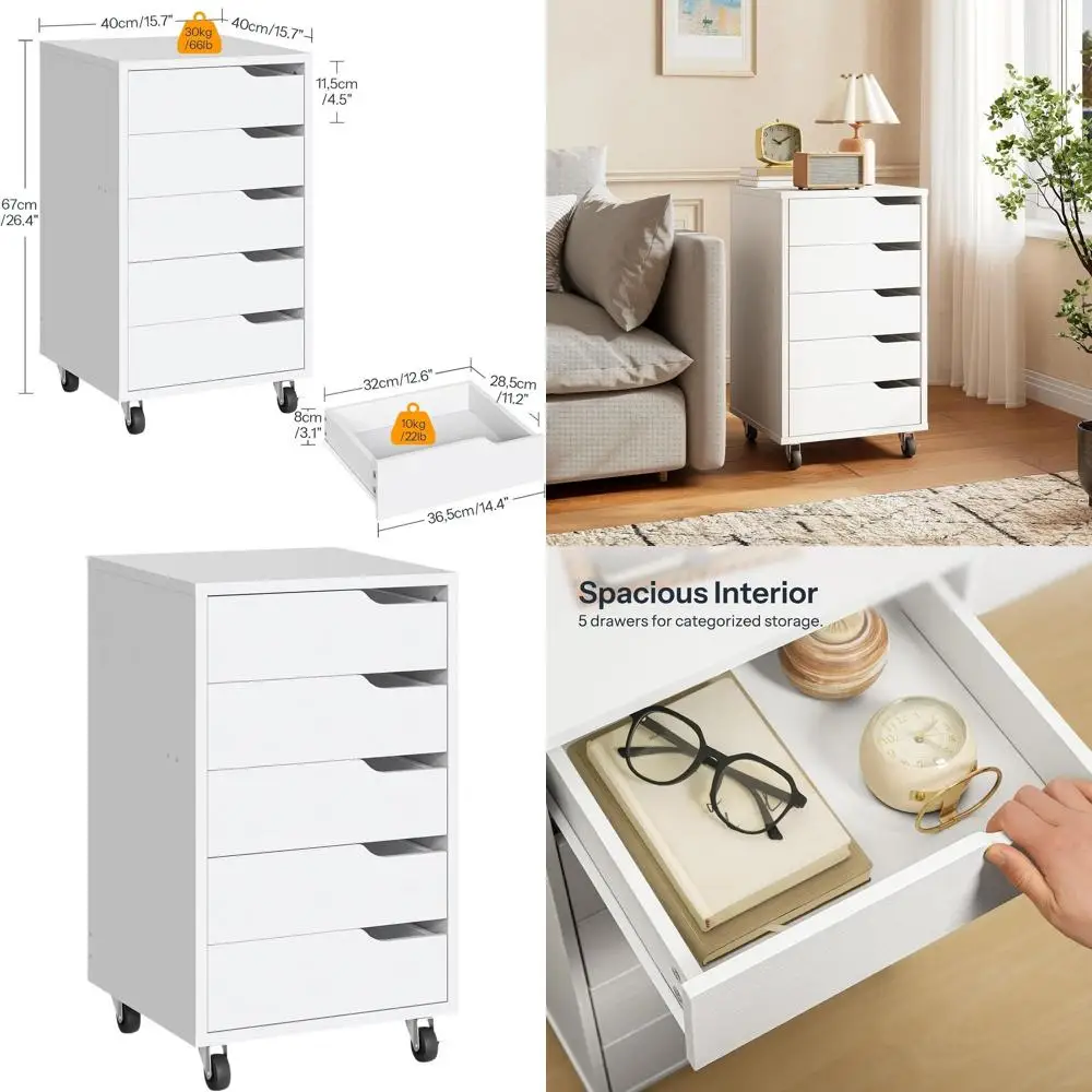 

5-Shelf Mobile Under Desk Cabinet with Wheels - White Rolling Storage for Office and Home